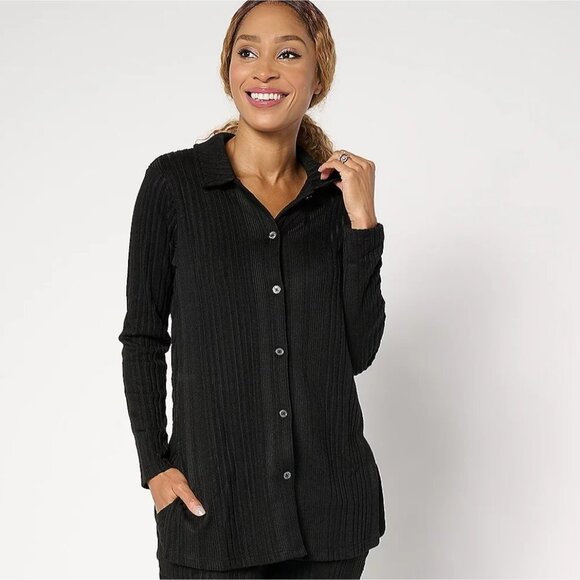 Cuddl Duds Petite Comfort Rib Lounge Top Size Medium Black Relaxed Cozy - Picture 1 of 7